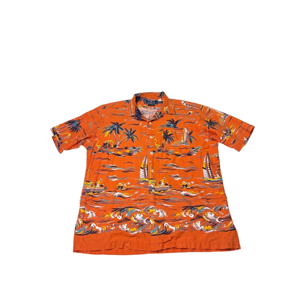 VTG Polo Sport Ralph Lauren Orange Tropical Island Print Button Down Shirt Men L